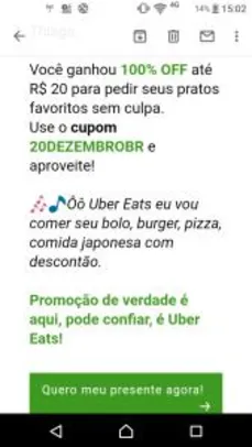 100% off até R$20 em pedidos no Uber Eats