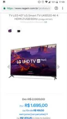 TV LED 43" LG Smart TV UK6520 4K 4 HDMI 2 USB 60Hz - R$ 1610