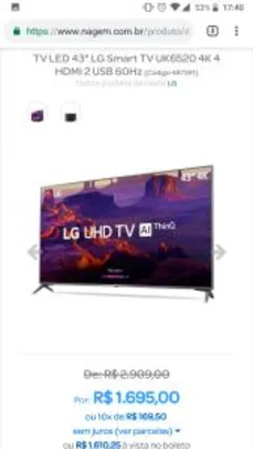 TV LED 43" LG Smart TV UK6520 4K 4 HDMI 2 USB 60Hz - R$ 1610