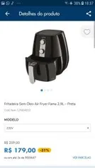 Fritadeira Sem Óleo Air Fryer Fama 2,9L – Preta - R$179