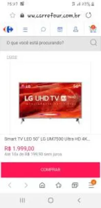 Smart TV LED 50" LG UM7500 Ultra HD 4K HDR ThinQ AI | R$1.999
