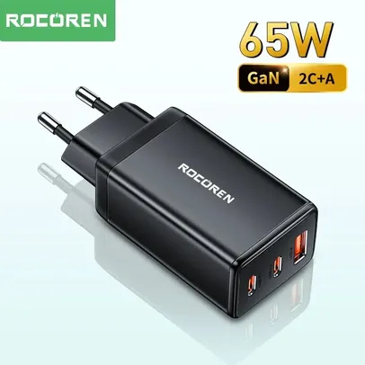 [Com Taxa] Carregador Rocoren GaN: 65W, carga rápida, iPhone e laptop.