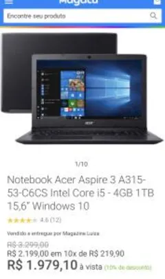 Notebook Acer Aspire 3 A315-53-C6CS Intel Core i5 - 4GB 1TB 15,6” Windows 10 - R$1979