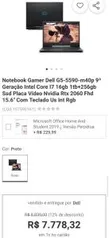 Notebook Gamer Dell G5-5590-m40p 9ª Geração Intel Core I7 16gb 1tb+256gb Ssd Placa Vídeo Nvidia Rtx 2060 Fhd 15.6" Teclado Us Int Rgb R$7778