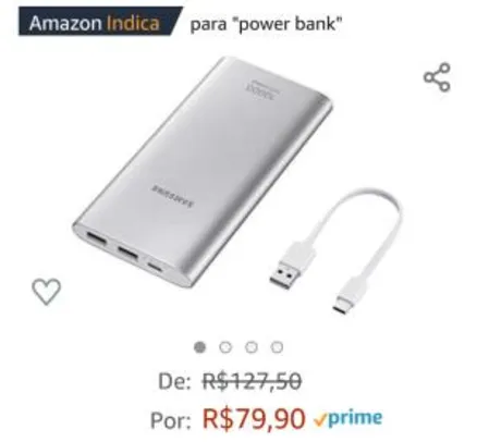 Bateria Externa, 10,000Mah USB Tipo C Prata, Samsung | R$ 80