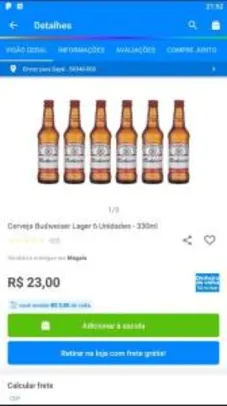 [R$ 5 de Volta] Cerveja Budweiser Lager 6 Unidades - 330ml R$ 23