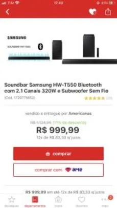 Soundbar Samsung HW-T550 320W | R$1000