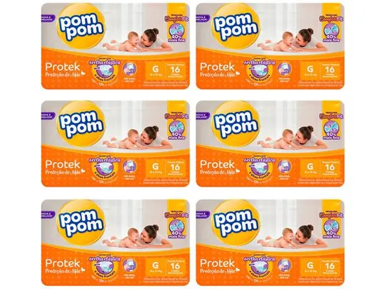 Kit Fraldas Pom Pom Protek Proteção de Mãe - Jumbinho G 6 Pacotes com 16 Unidades Cada 