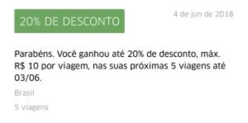 CUPOM UBER 20% 5 VIAGENS