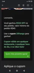 R$20 OFF no seu pedido, valor mínimo do pedido R$40.