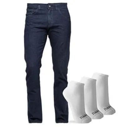 Kit Calça Jeans Básica Marinho Preston com 3 Pares de Meias Cano Curto M | R$50
