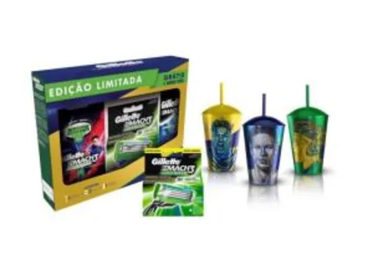 Kit Gillette Mach3 Sensitive Aparelho de barbear + 6 cargas + Minigel e Kit de Copos do Neymar GRÁTIS - R$60