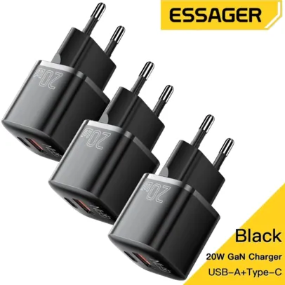 [R$ 45 GPAY/TAXA INCLUSA| App] 3 UNIDADES Essager Carregador USB Tipo-C GaN 20W Preto, Carga Rápida, QC 3.0, Para iOS e Android