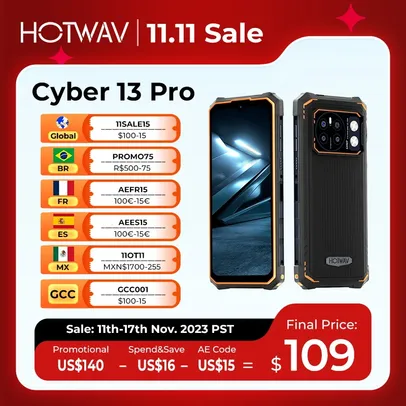 Smartphone HOTWAV Cyber 13 Pro, 6,6" Android 13, 20GB de RAM, 256GB de Armazenamento, Octa-Core, Câmera com 50MP e Bateria de 10800mAh