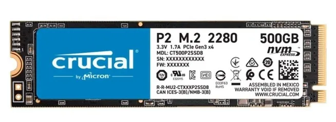 [APP] SSD 500GB Crucial P2, M.2 2280 NVMe, Leituras: 2300Mb/s, Gravações: 940Mb/s | R$477