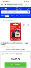 Cartão De Memória Micro Sd Classe 4 32gb Sandisk | R$28