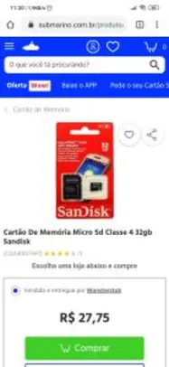 Cartão De Memória Micro Sd Classe 4 32gb Sandisk | R$28