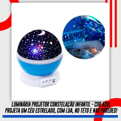 [Ame R$ 39,19/ SC R$ 34,15] Luminária Infantil Fascinante Abajur Projetor Lua Estrelas Gira - azul