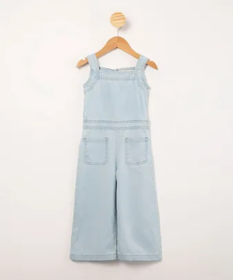 macacão infantil midi jeans com bolsos alça larga azul claro