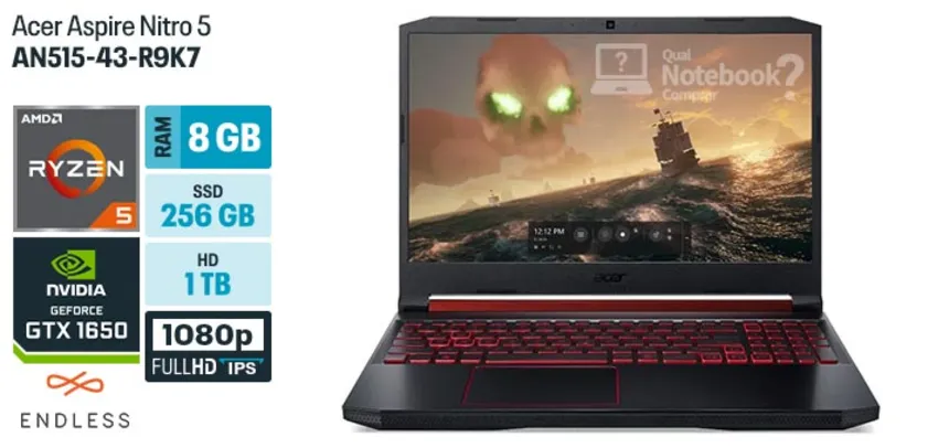 Notebook Gamer Acer Aspire Nitro An515-43-R9k7 Amd R5 8gb (Geforce Gtx1650 4gb) 1tb + 256gb Ssd | R$4455
