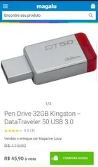 Pen Drive 32GB Kingston - DataTraveler 50 USB 3.0 - R$26