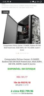 Computador I5 9400+ RX 590 8gb+ 8gb DDR4 + HD 1TB + 600W | R$2800