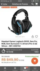 Headset Gamer Logitech G935, Sem Fio, RGB, Som Surround 7.1, Drivers Pro-G de 50mm | R$850