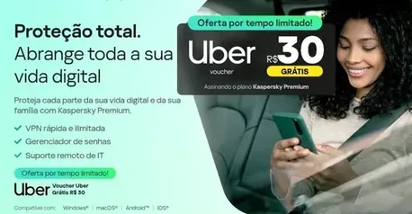 Kaspersky Premium Total Security com VPN Ilimitada | 5 dispositivos ( 1 Ano ) + Voucher R$ 30 Uber