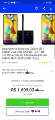 Smartphone Samsung Galaxy M31 128GB | R$ 1699