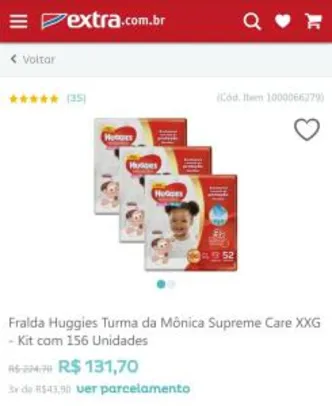 Fralda Huggies Turma da Mônica Supreme Care XXG - Kit com 156 Unidades R$132