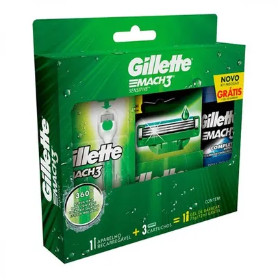 Kit Gillette Mach3 Sensitive Acqua Grip + 3 Lâminas + Gel De Barbear 72ml