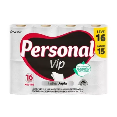 Papel higiênico folha dupla Personal Vip Leve 16 Pague 15 rolos de 30 m cada