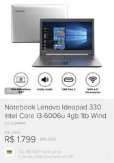 Notebook Lenovo Ideapad 330 Intel Core I3-6006u 4GB 1TB | R$1.799