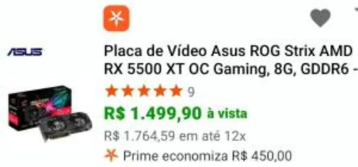 [Prime] Placa de Vídeo Asus ROG Strix AMD RX 5500 XT OC Gaming, 8G | R$ 1500