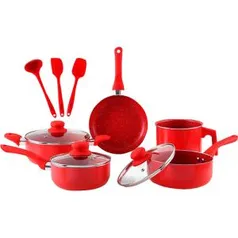 [CARTÃO SHOPTIME] Conjunto de Panelas Everyday Vermelha 5 Peças - La Cuisine + Conjunto de Utensílios de Silicone 3 Peças Vermelho - La Cuisine | R$144