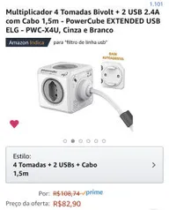 Multiplicador 4 Tomadas Bivolt + 2 USB 2.4A com Cabo 1,5m - PowerCube EXTENDED USB ELG - PWC-X4U, Cinza e Branco | R$83