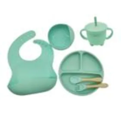 Kit Refeição Bebê Silicone Colher Pratinho Babador Infantil Ventosa 6 Peças