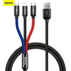 Cabo Baseus 3 em 1 para iPhone e Android - 120cm - Lightining, USB C e Micro USB