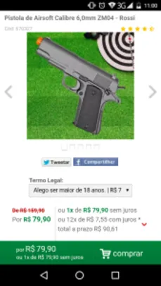 Pistola de Airsoft Calibre 6,0mm ZM04 - Rossi por R$ 76