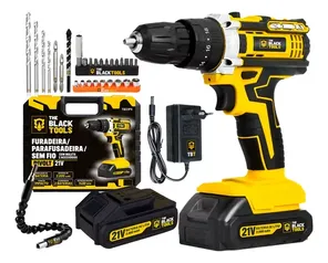 Parafusadeira Furadeira De Impacto Profissional 21v Modelo TB-21PX 2 Baterias Com Maleta The Black Tools 110/220V 60Hz Amarelo