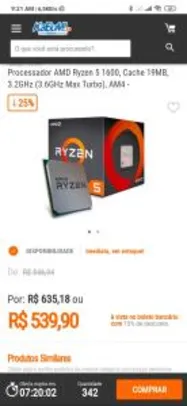 Processador AMD Ryzen 5 1600, Cache 19MB, 3.2GHz (3.6GHz Max Turbo) R$ 540