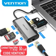 (NOVOS USUÁRIOS) HUB *USB-C* 6-in-1 | HDMI, RJ45, USB 3.0 x3, PD