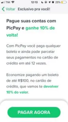 [Usuários Selecionados ] 10% de volta ao pagar um boleto no PicPay