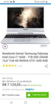 Notebook Gamer Samsung Odyssey Intel Core i7 16GB - 1TB SSD 256GB 15,6” Full HD NVIDIA GTX 1650 4GB