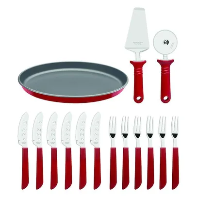 Kit Pizza Faqueiro Tramontina Lâminas Aço Inox e Cabos Polipropileno Vermelho 14 Peças + FormA