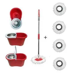 Super Balde Mop Spin 360° Vermelho Com 5 Esfregão Refil e Centrifuga em Inox por R$ 50