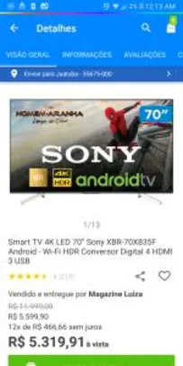 Smart TV 4K LED 70” Sony XBR-70X835F Android | R$4.787