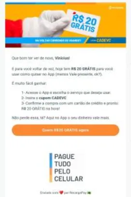 [Usuários Selecionados] R$ 20,00 pra usar como quiser no RecargaPay