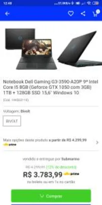 Notebook Dell Gaming G3-3590-A20P 9ª Intel Core I5 8GB | R$3784