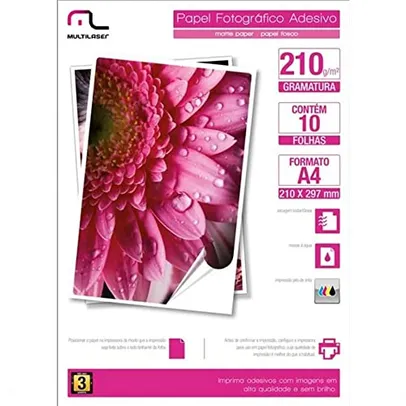 Papel Fotográfico Adesivo, Multilaser, PE007, 210G/M2, Branco, A4, 10 Folhas